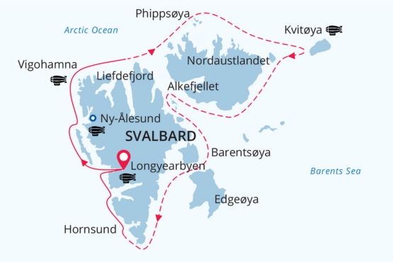 Svalbard Circumnavigation and Kvitøya map route